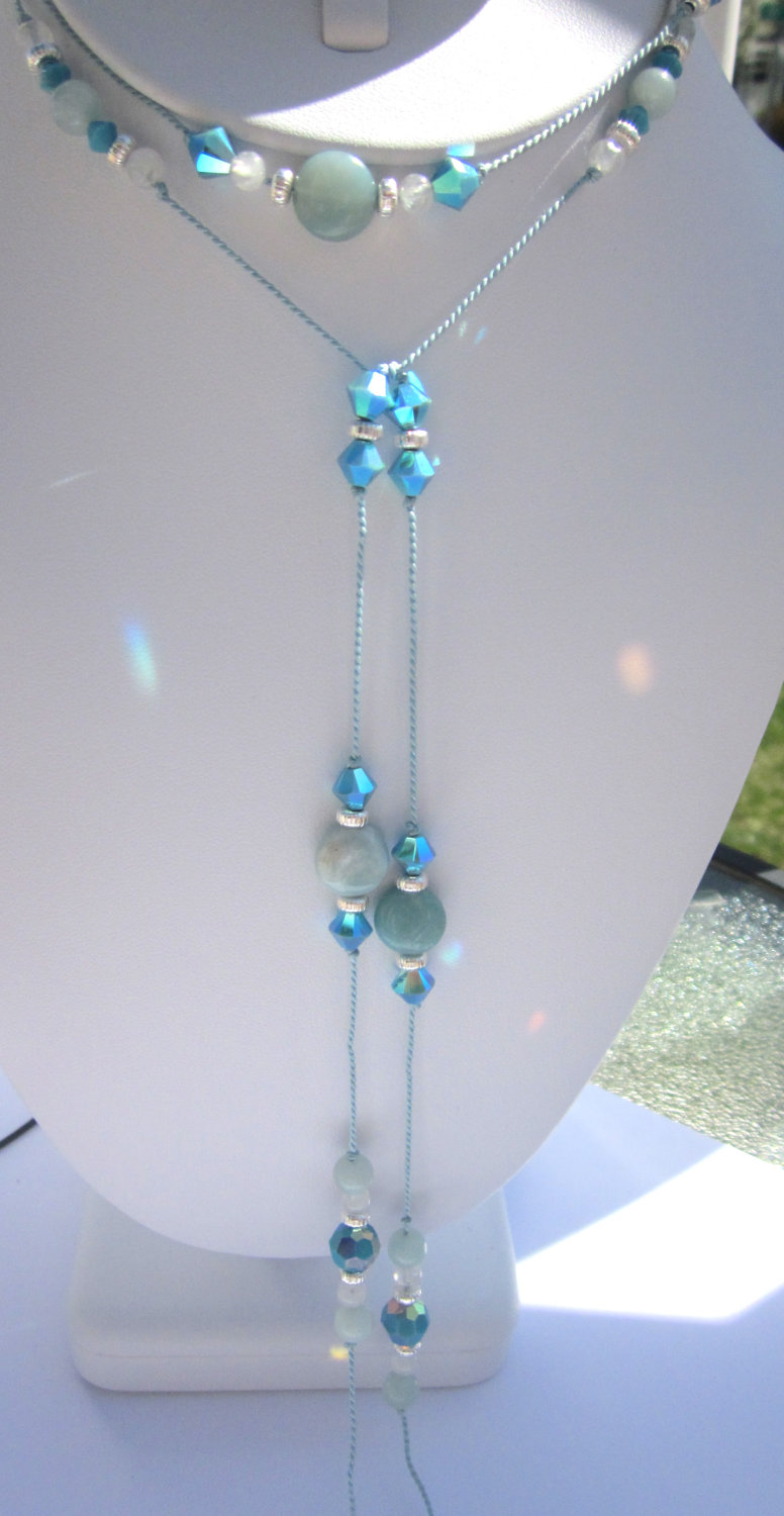 One of a kind Silk Lariat- Silk knotted Swarovski crystal turquoise AB and natural Amazonite Gemstones