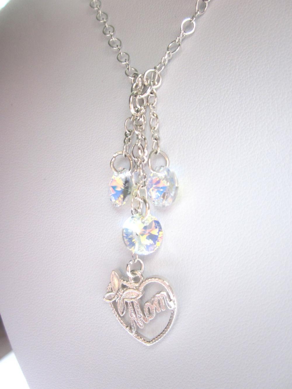 MOM Necklace, Swarovski Crystal Tassle , sterling silver butterfly heart MOM charm, Mothers Day, sparkle