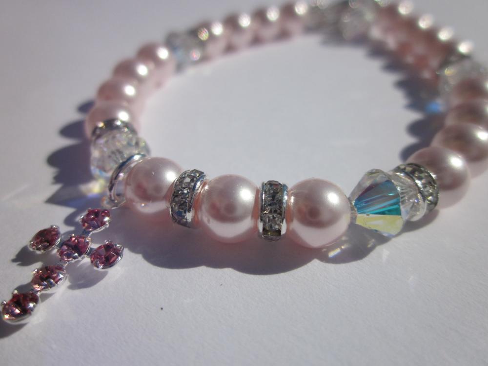 Communion bracelet-Swarovski crystal and powder pink pearl