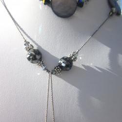 One of a kind Lariat- black lip shell, Swarovski jet black and black diamond- silk knotted